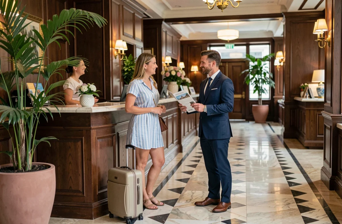 Couple en train de s'enregistrer à la réception d'un boutique-hôtel élégant avec un concierge attentionné