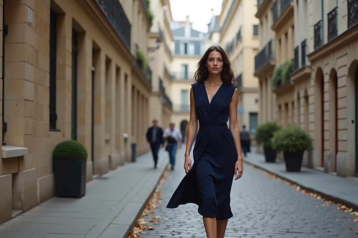 Jeune actrice française marchant dans une rue haussmannienne de Paris en robe marine lors d'une séance photo éditoriale