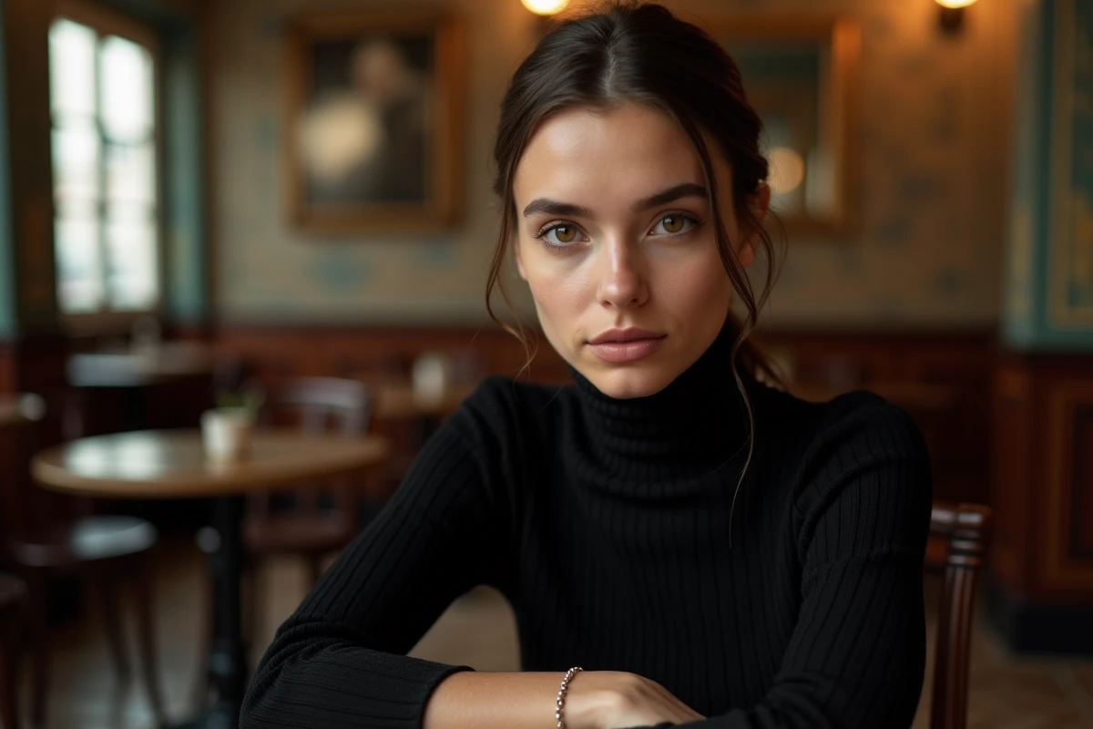 Portrait intime d'une actrice et mannequin d'origine franco-ukrainienne assise dans un café parisien vintage au décor classique