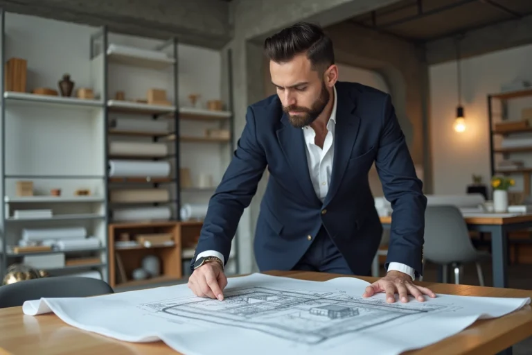 Architecte homme examinant des plans dans un studio moderne