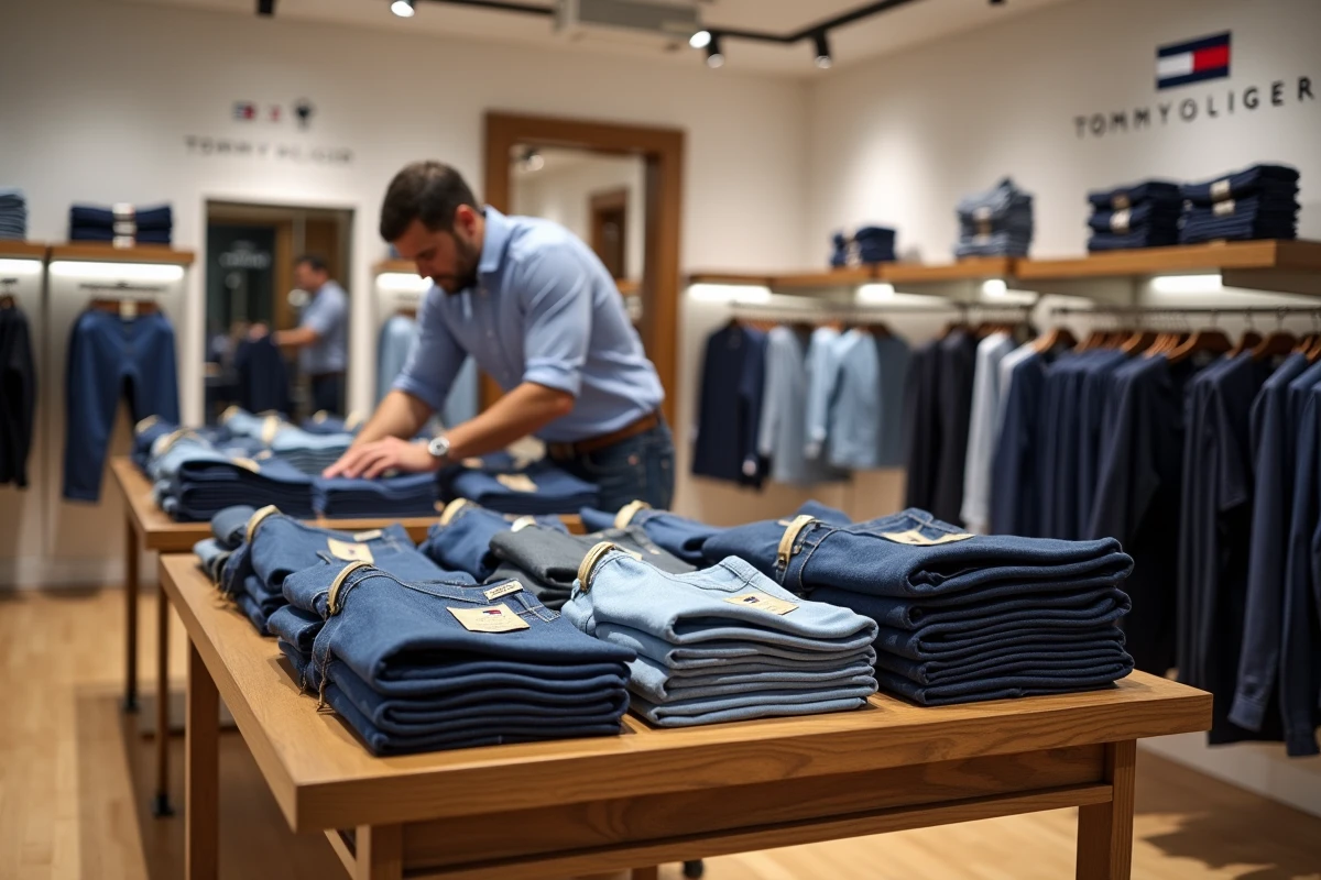 Rayon de vêtements Tommy Hilfiger en boutique avec jeans et chinos soigneusement présentés sur des tables en bois