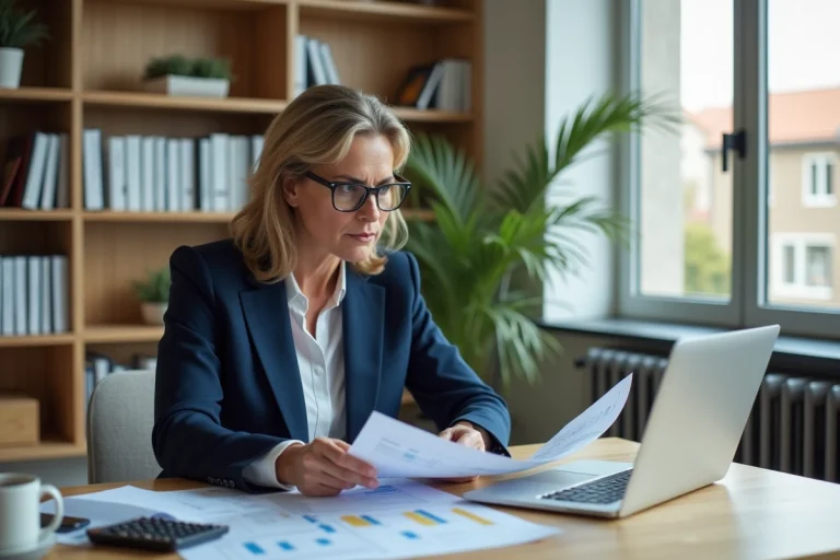 Femme calculant la valeur nette de son patrimoine immobilier à son bureau avec documents et tableur