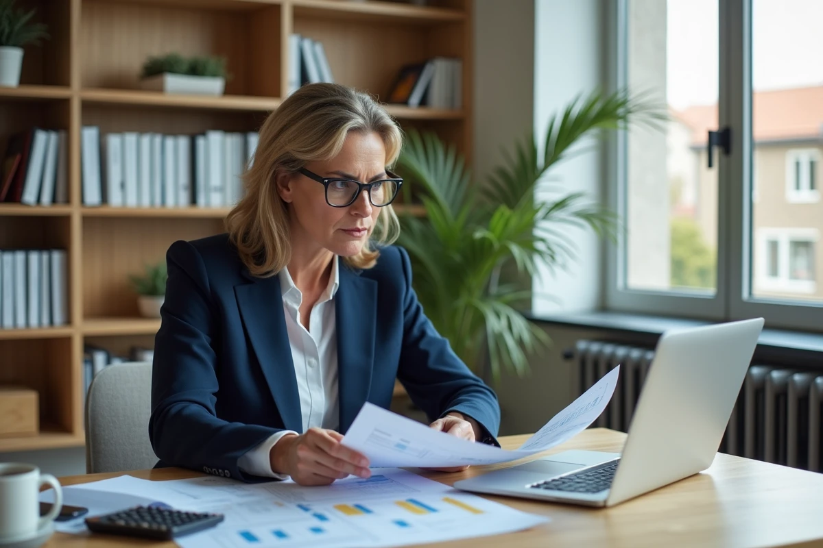 Femme calculant la valeur nette de son patrimoine immobilier à son bureau avec documents et tableur