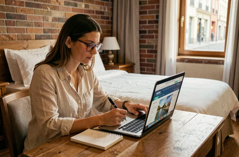 Femme consultant un site de voyage sur son ordinateur portable dans une chambre d'hôtel cosy avec murs en briques apparentes