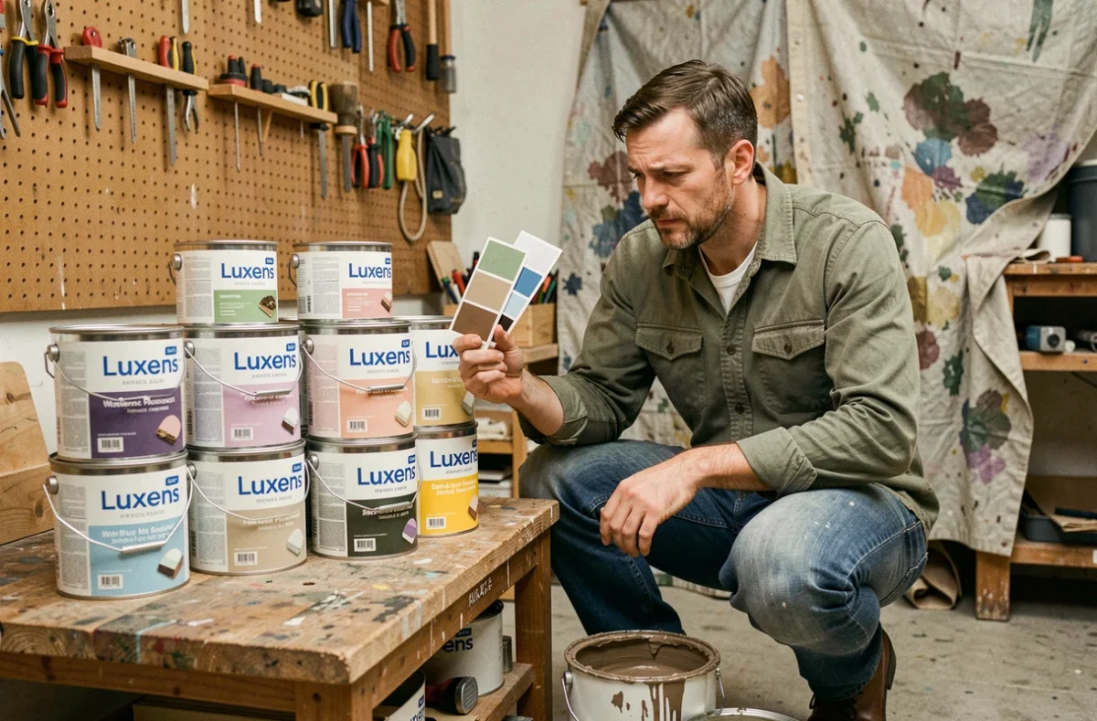 Homme comparant des échantillons de couleur Luxens devant plusieurs pots de peinture ouverts sur un établi de bricolage à domicile