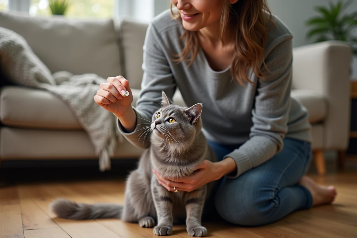 Propriétaire donnant un comprimé de Clavaseptin à son chat gris à domicile sur un plancher en bois