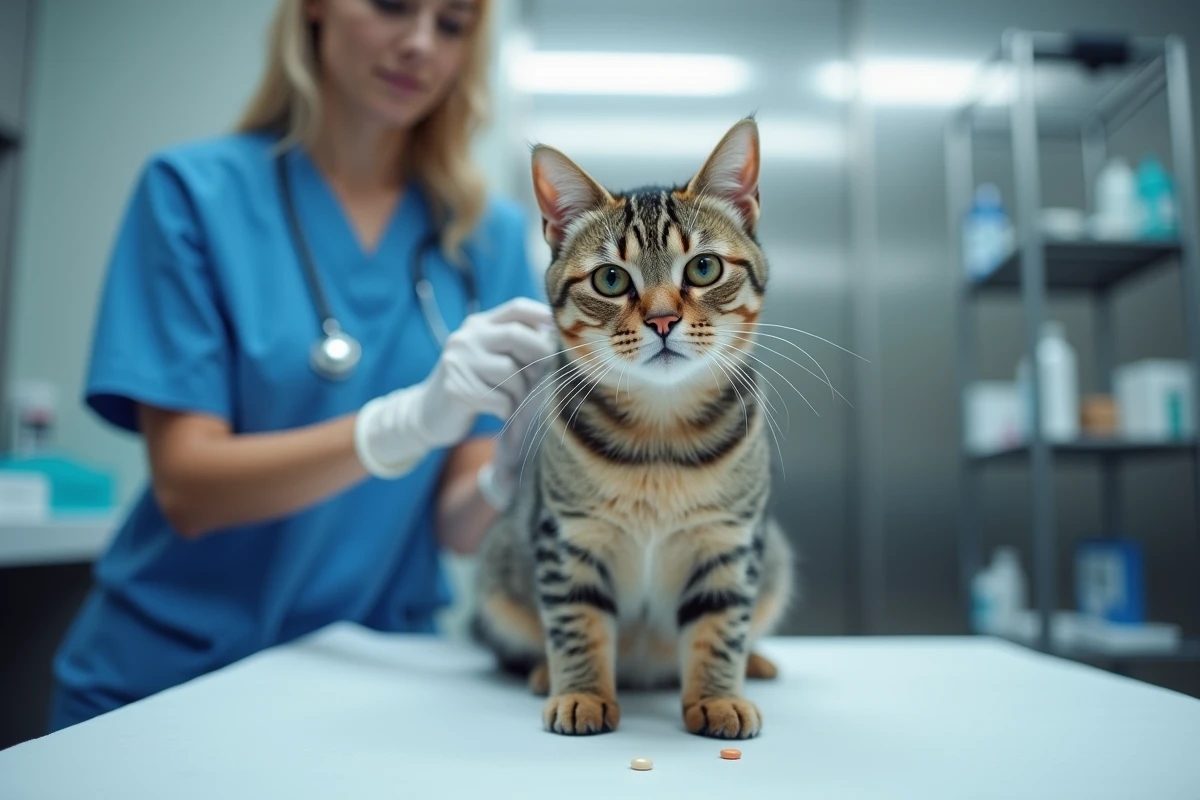 Vétérinaire administrant un comprimé de Clavaseptin à un chat tacheté sur une table d'examen clinique
