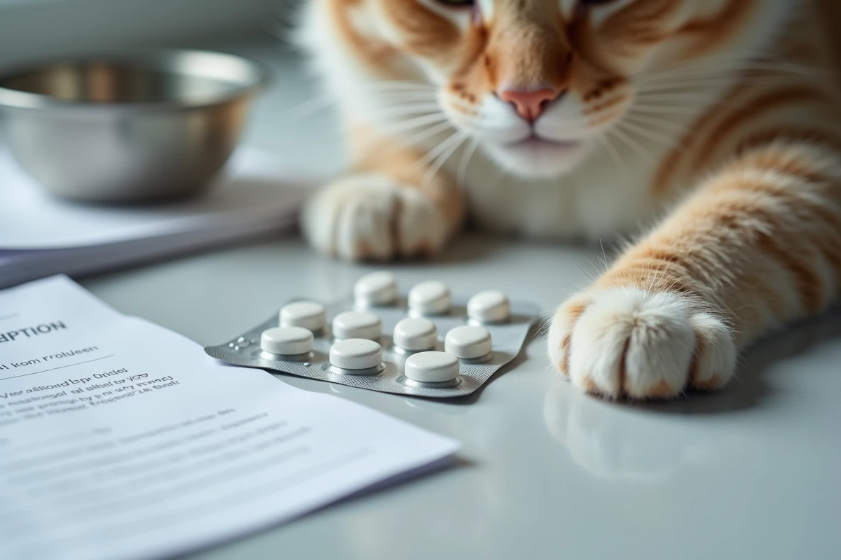 Comprimés de Clavaseptin posés près d'une patte de chat sur un plan de travail, symbolisant le traitement antibiotique quotidien