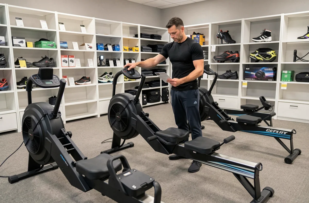 Homme comparant différents types de rameurs dans un magasin de sport spécialisé