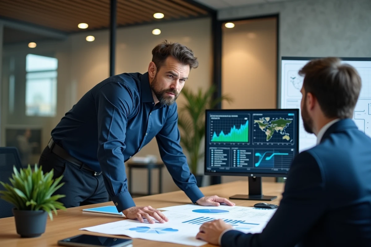 Consultant informatique Transtec présentant des solutions sur mesure à un dirigeant d'entreprise dans un bureau moderne