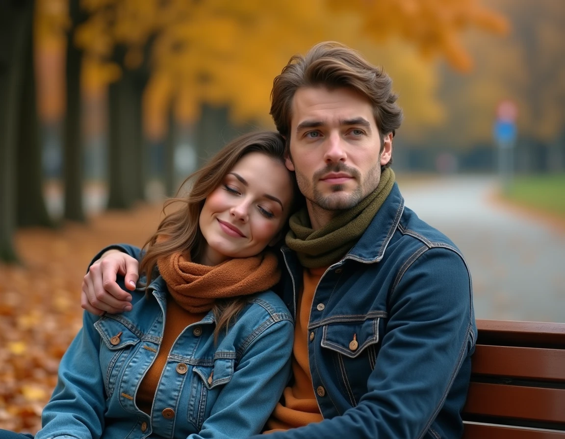 Couple hétérosexuel assis sur un banc en automne, la femme appuyée tendrement contre l'épaule de l'homme, illustrant les différences d'attachement amoureux entre hommes et femmes