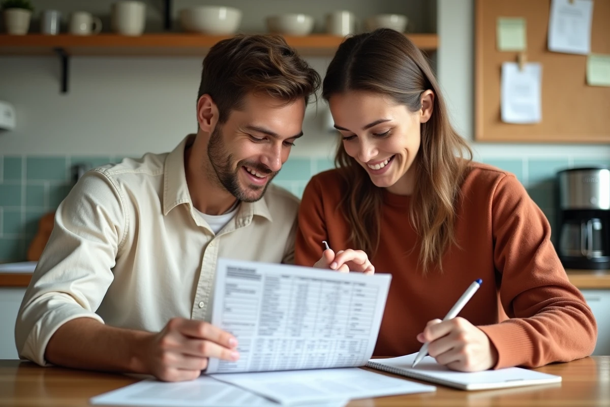 Couple analysant ensemble le bilan de leur patrimoine immobilier net à la table de cuisine