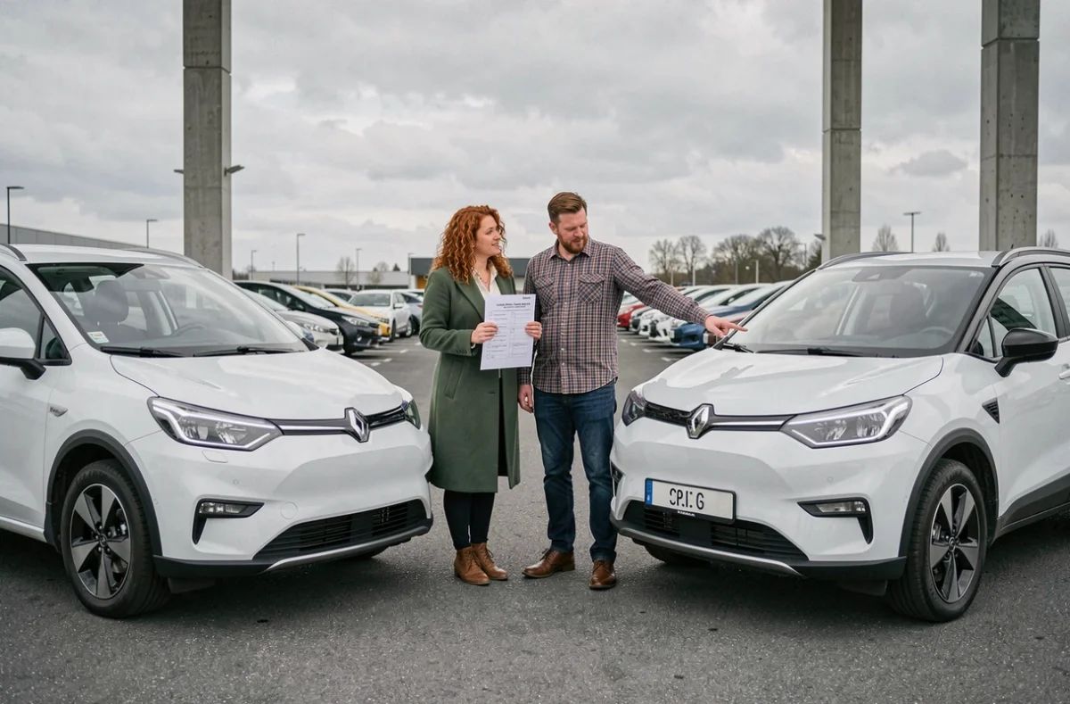 Un couple comparant deux voitures dans un parking de concession avec une liste de critères, conseils pour choisir entre plusieurs modèles de véhicules
