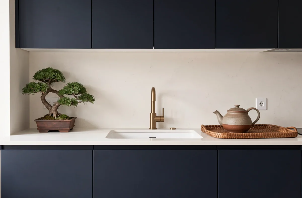 Cuisine japandi épurée avec armoires bleu marine, plan de travail en quartz blanc et accessoires artisanaux en céramique