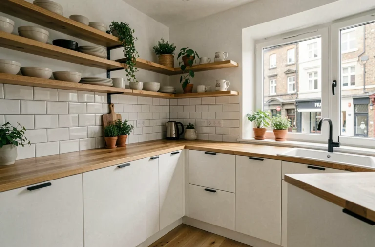 Cuisine scandinave moderne avec armoires blanches, plan de travail en chêne et étagères ouvertes décorées de céramiques