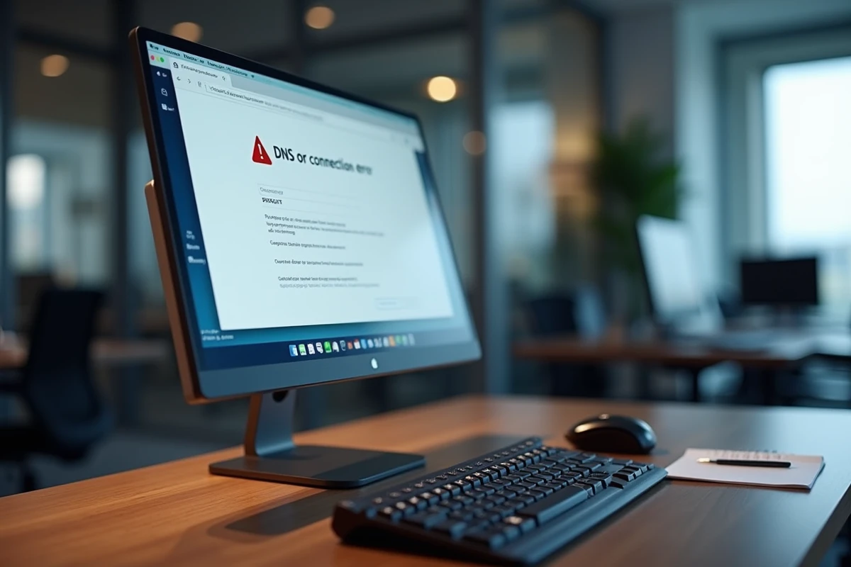 Écran d'ordinateur affichant une erreur de connexion DNS, clavier et bloc-notes sur un bureau, illustrant le dépannage d'accès à un site