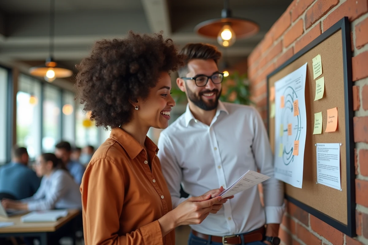 Deux jeunes professionnels analysant un plan de site imprimé dans un espace de coworking collaboratif