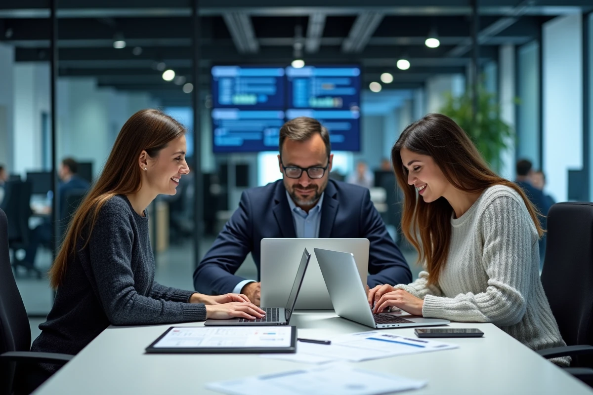 Équipe de spécialistes IT collaborant sur un projet d'intégration logicielle sur mesure dans un open space technologique