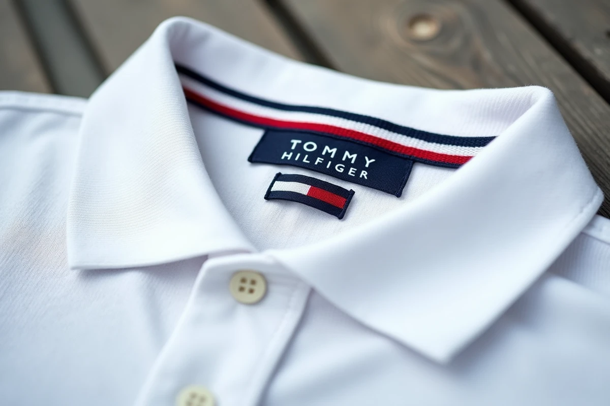 Étiquette d'origine d'un polo Tommy Hilfiger indiquant le pays de fabrication cousue dans le col