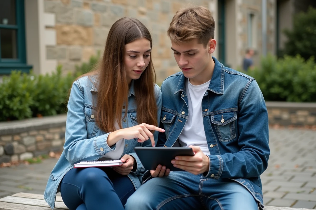 Deux lycéens consultant ensemble un simulateur de moyenne au Bac sur une tablette dans la cour d'un lycée français