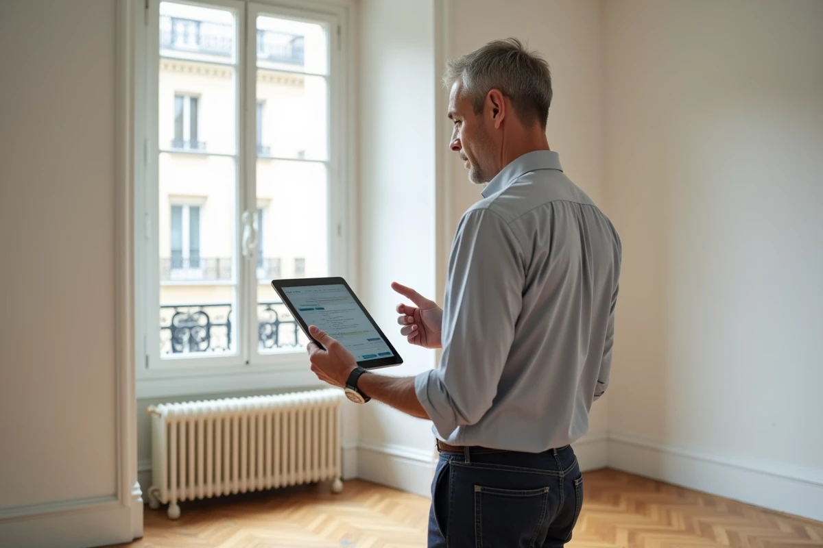 Expert immobilier évaluant un appartement vide pour estimer la valeur du patrimoine net