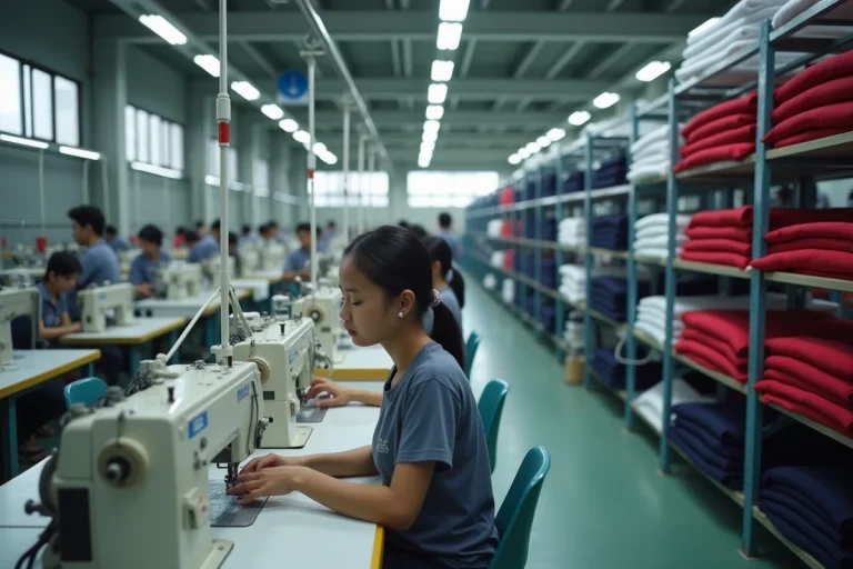 Atelier de fabrication de vêtements Tommy Hilfiger avec machines à coudre industrielles et tissu en coton tricolore
