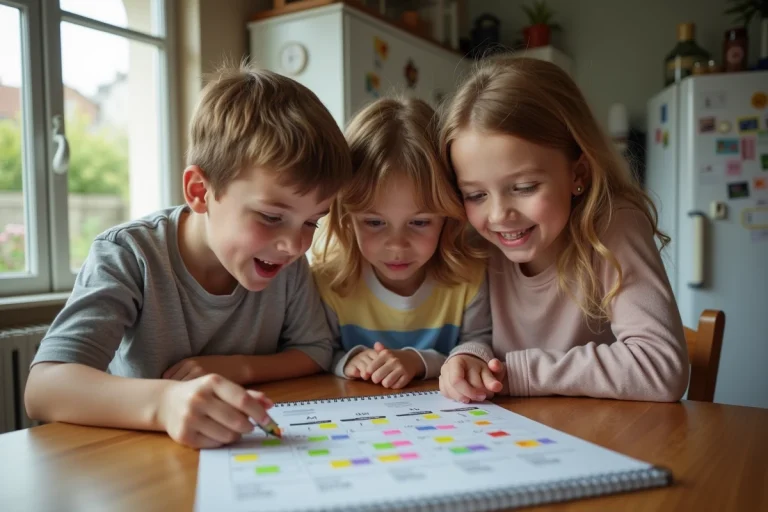 Famille avec enfants regardant un calendrier coloré à la cuisine