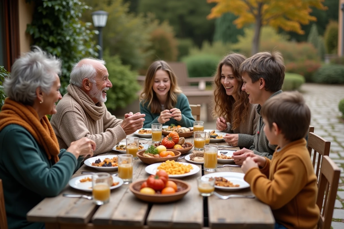 Famille multigenerations partageant un repas en plein air