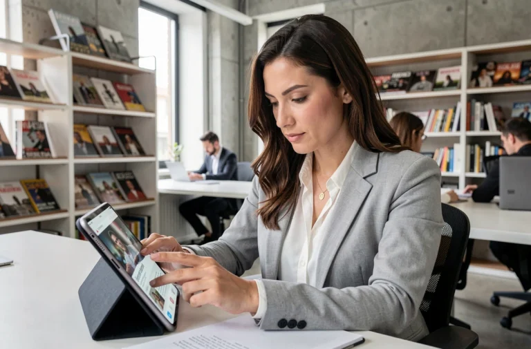 Femme professionnelle consultant l'actualité des médias sur une tablette dans un bureau moderne