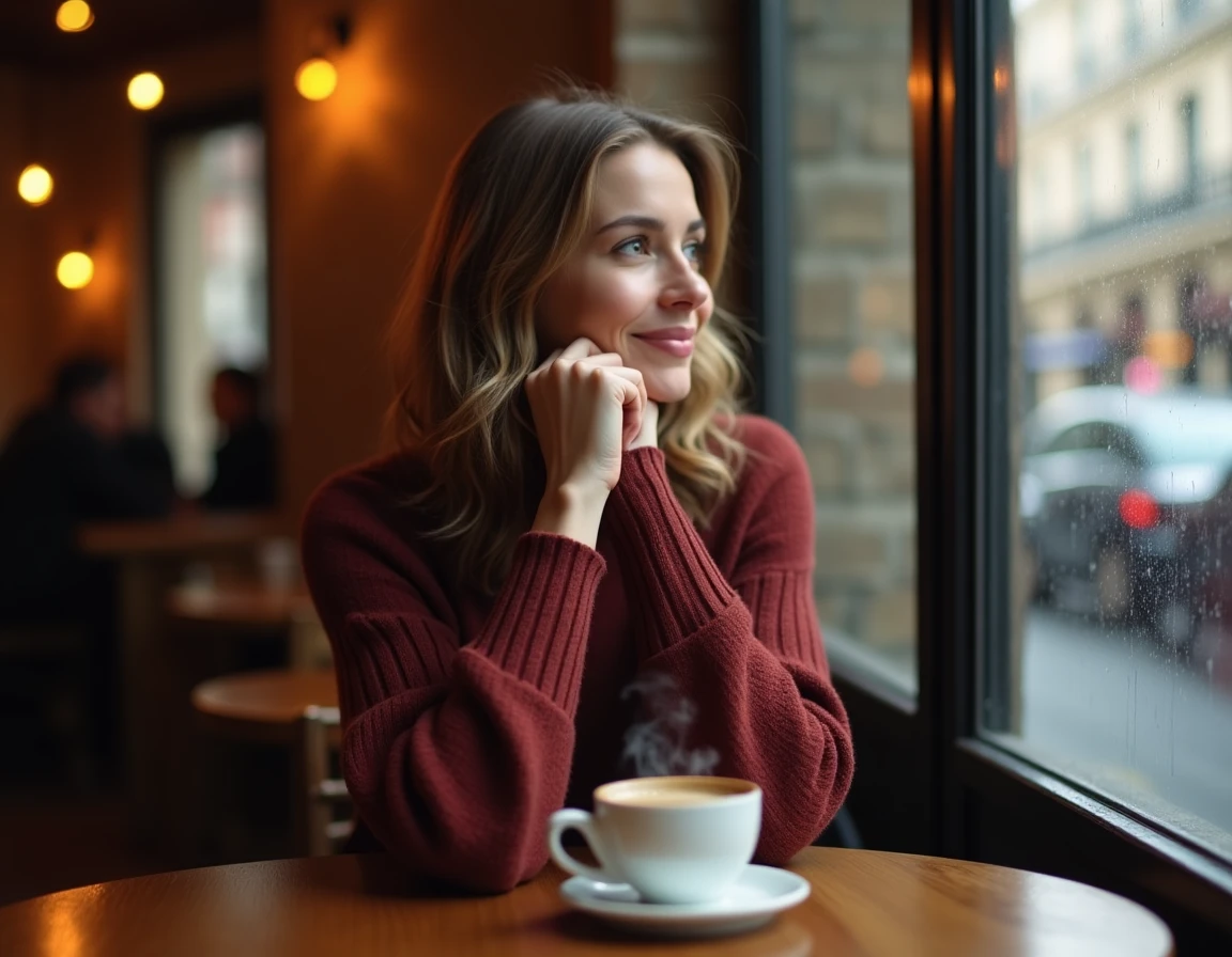 Femme pensive seule dans un café, tenant une tasse de café, regard mélancolique tourné vers la fenêtre sous la pluie, symbolisant l'attachement émotionnel en amour
