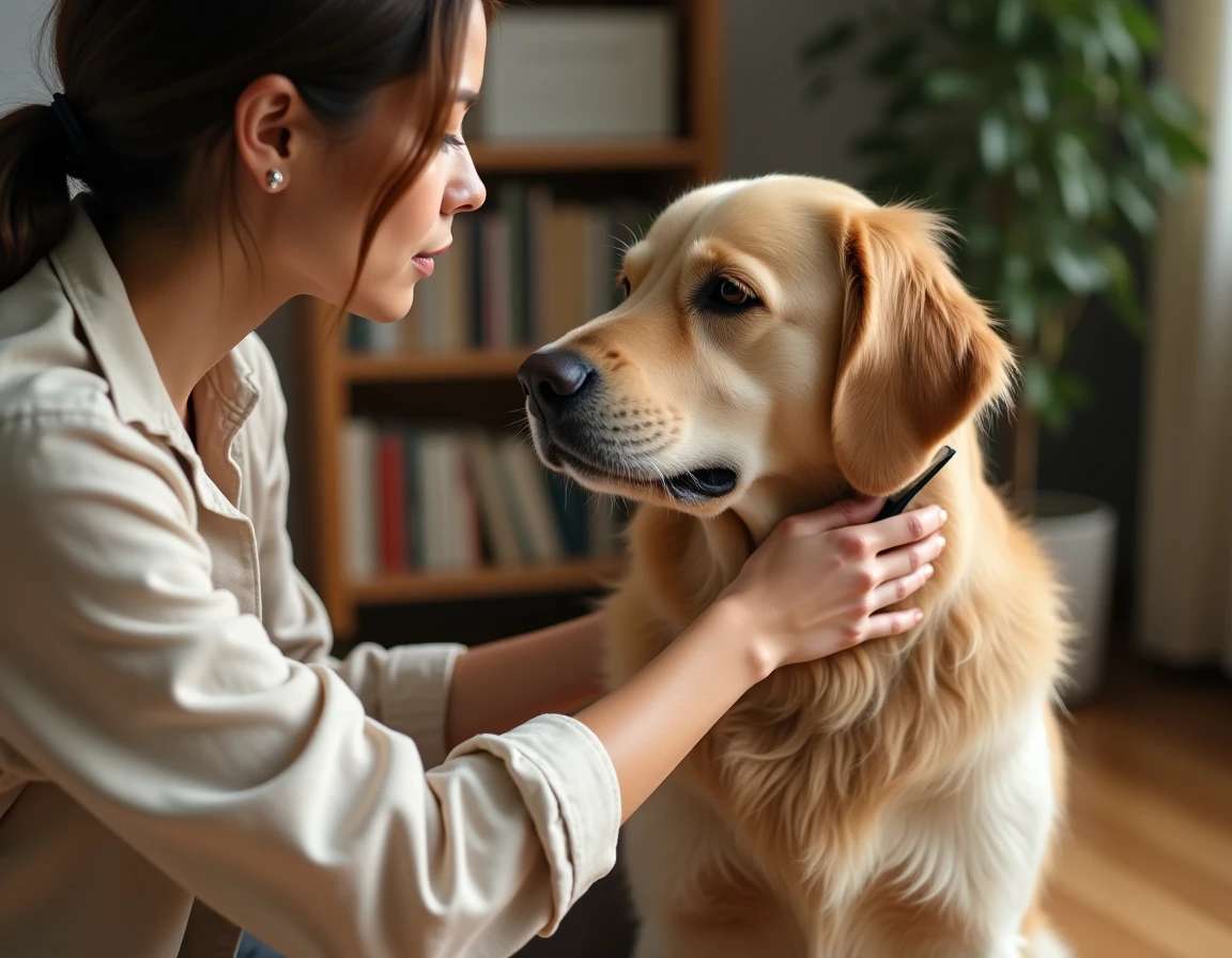 Femme brossant son golden retriever dans un salon chaleureux, soin et bien-être de l'animal de compagnie