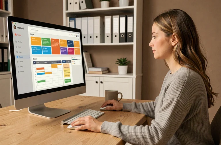 Femme travaillant sur un tableau de bord de productivité bureautique depuis un bureau à domicile moderne