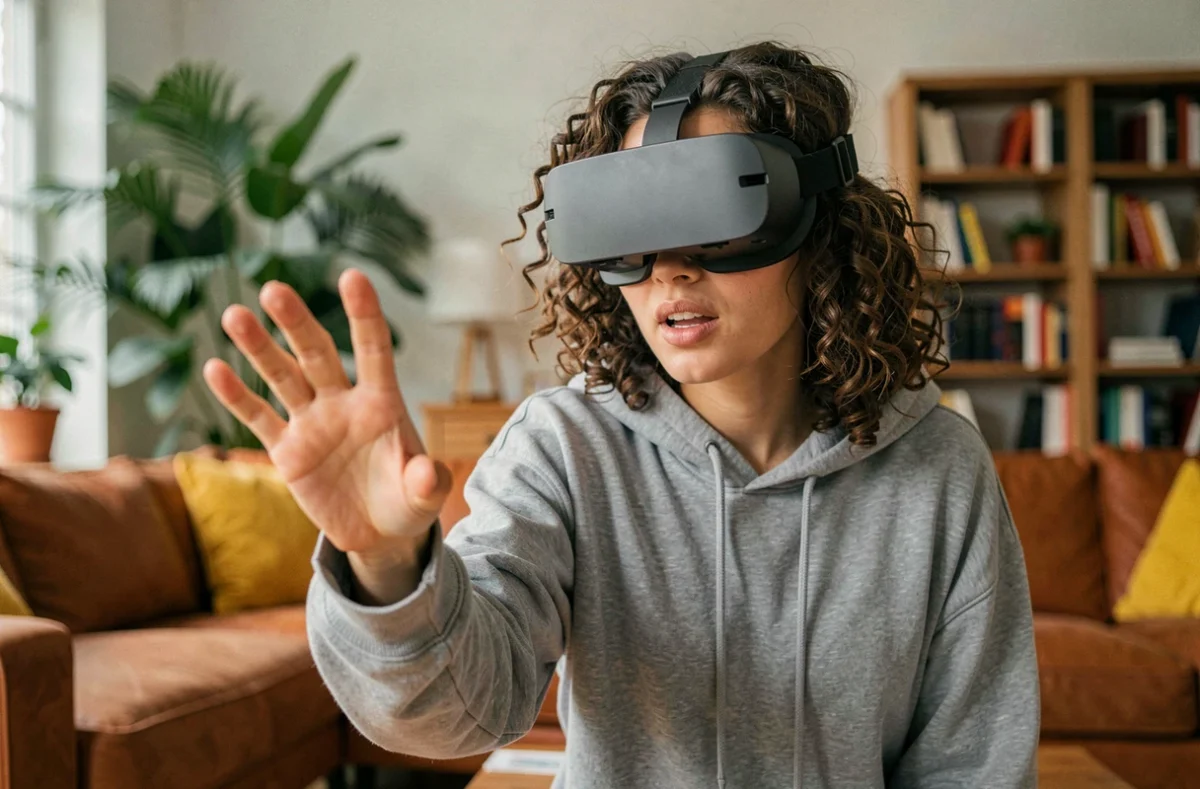Jeune femme portant un casque de réalité mixte et interagissant avec une interface virtuelle dans un salon contemporain