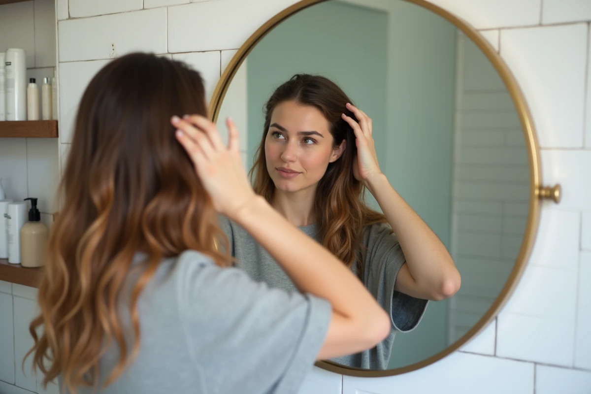 Jeune femme examinant ses cheveux devant un miroir de salle de bain après utilisation d'un complément capillaire