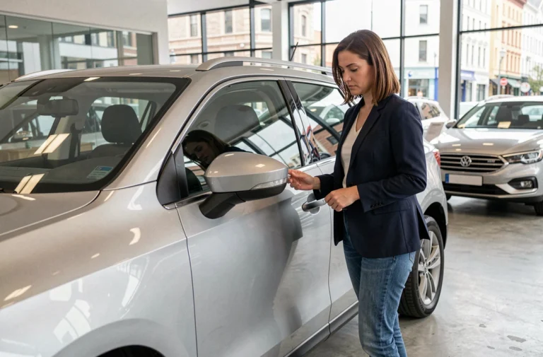 Une femme examinant attentivement une voiture SUV dans une concession automobile moderne, conseils pour bien choisir son véhicule
