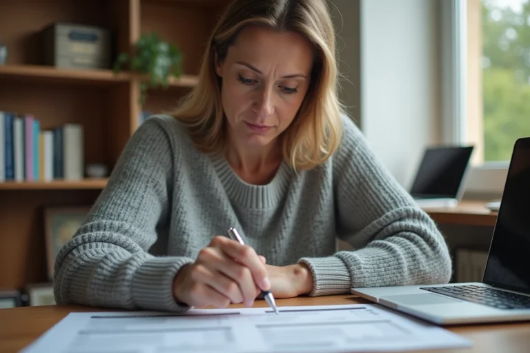 Femme consultant sa déclaration d'impôts avec une case grisée sur un formulaire fiscal français