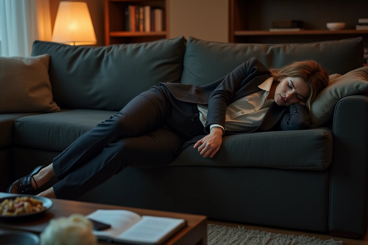 Femme effondrée sur le canapé en rentrant du travail, épuisement physique et mental lié au burn out
