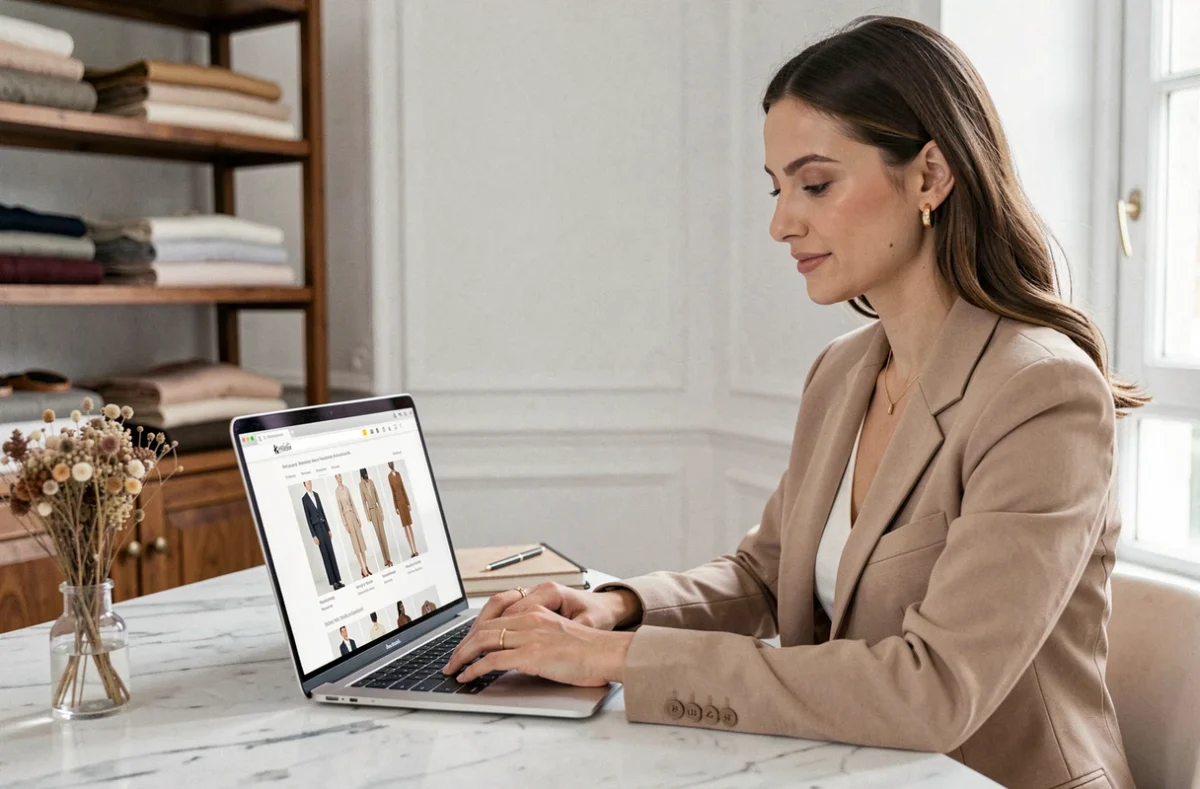 Femme élégante consultant la boutique en ligne Renée Fashion sur un ordinateur portable dans un bureau parisien raffiné