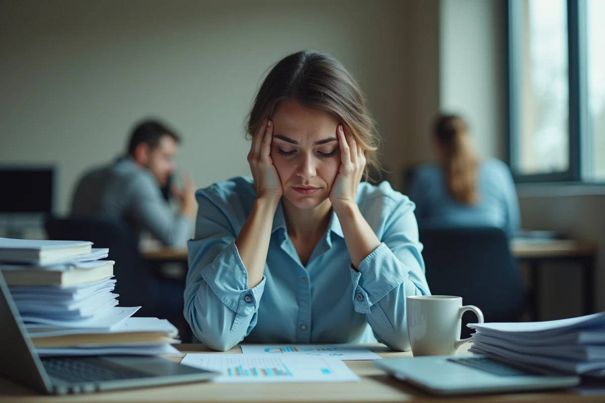 Femme épuisée la tête dans les mains à son bureau surchargé, symptôme visuel du burn out professionnel