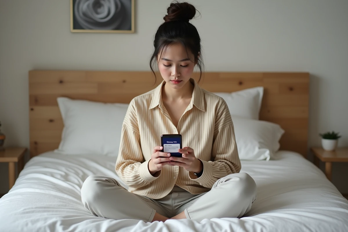 Jeune femme tenant un smartphone affichant une erreur Disney Plus assise sur son lit