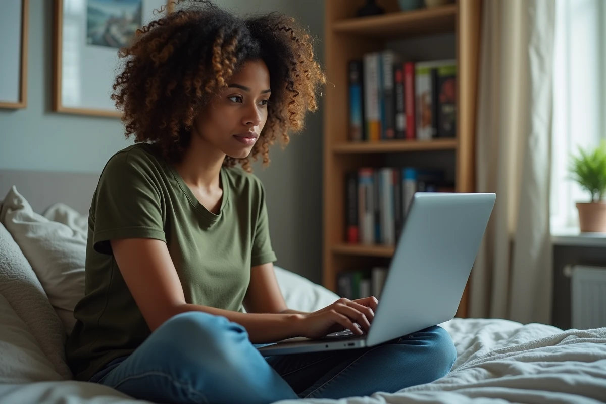 Femme adulte assise sur son lit explorant des plateformes alternatives au gaming et aux communautés en ligne sur son ordinateur portable