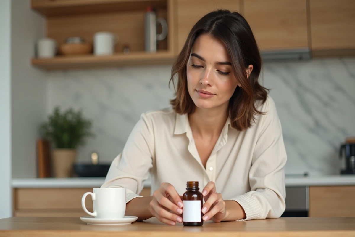Femme lisant l'étiquette d'un complément alimentaire capillaire Lashilé Good Hair dans une cuisine moderne