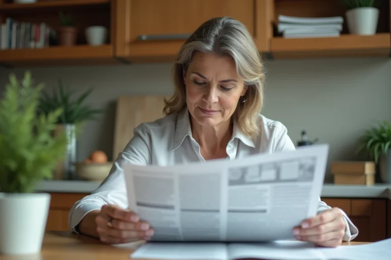 Femme d'âge moyen lisant un journal à la maison