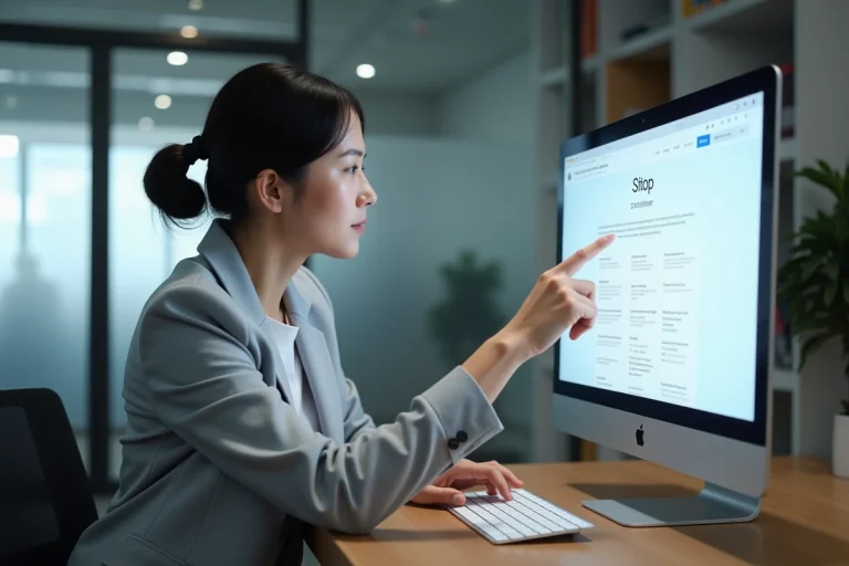 Femme professionnelle naviguant sur un plan de site web sur un écran d'ordinateur dans un bureau moderne