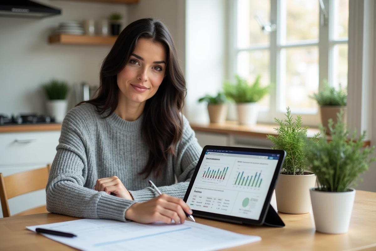 Femme planifiant ses investissements patrimoniaux sur une tablette depuis son domicile avec des documents financiers