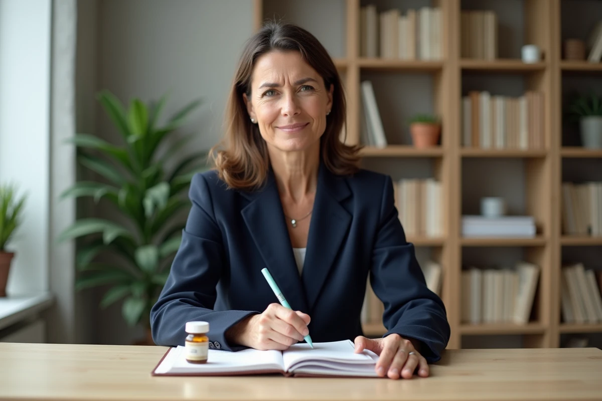 Femme prenant des notes sur les effets secondaires d'un complément capillaire à son bureau à domicile