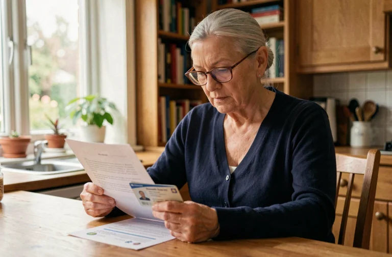 Femme retraitée examinant sa carte de retraite à la maison, démarches administratives simplifiées