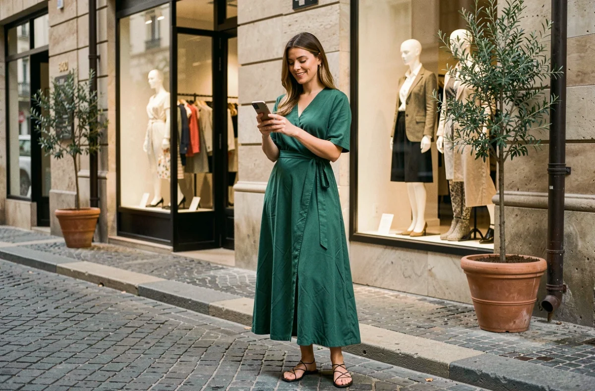 Femme consultée la boutique en ligne Renée Fashion sur smartphone devant une devanture de boutique élégante en Europe