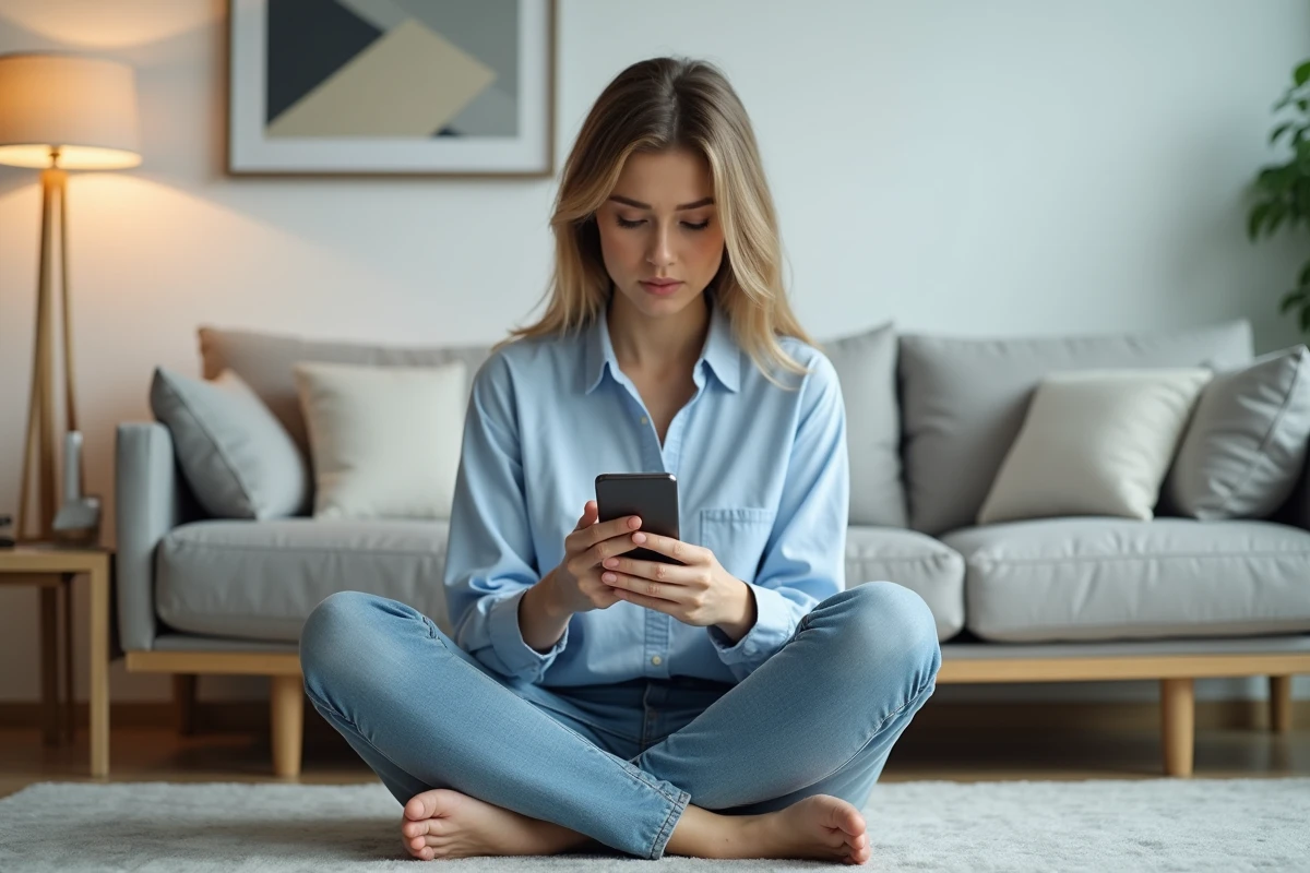 Femme consultant son smartphone avec un message d'erreur dans le navigateur, cherchant une solution pour accéder à une adresse web