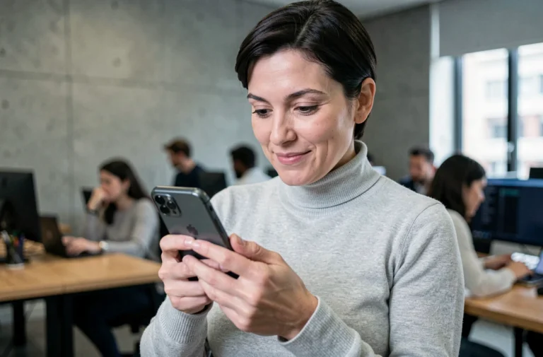 Femme tenant un smartphone pliable dans un bureau moderne high-tech, explorant les dernières tendances technologiques